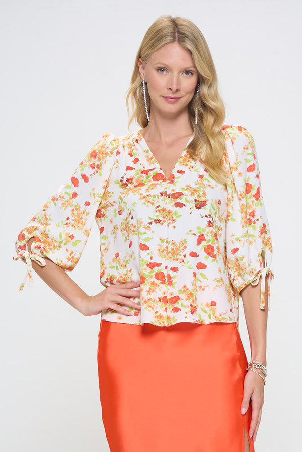 Flower Print V neck Top with Self Tie Sleeves-0
