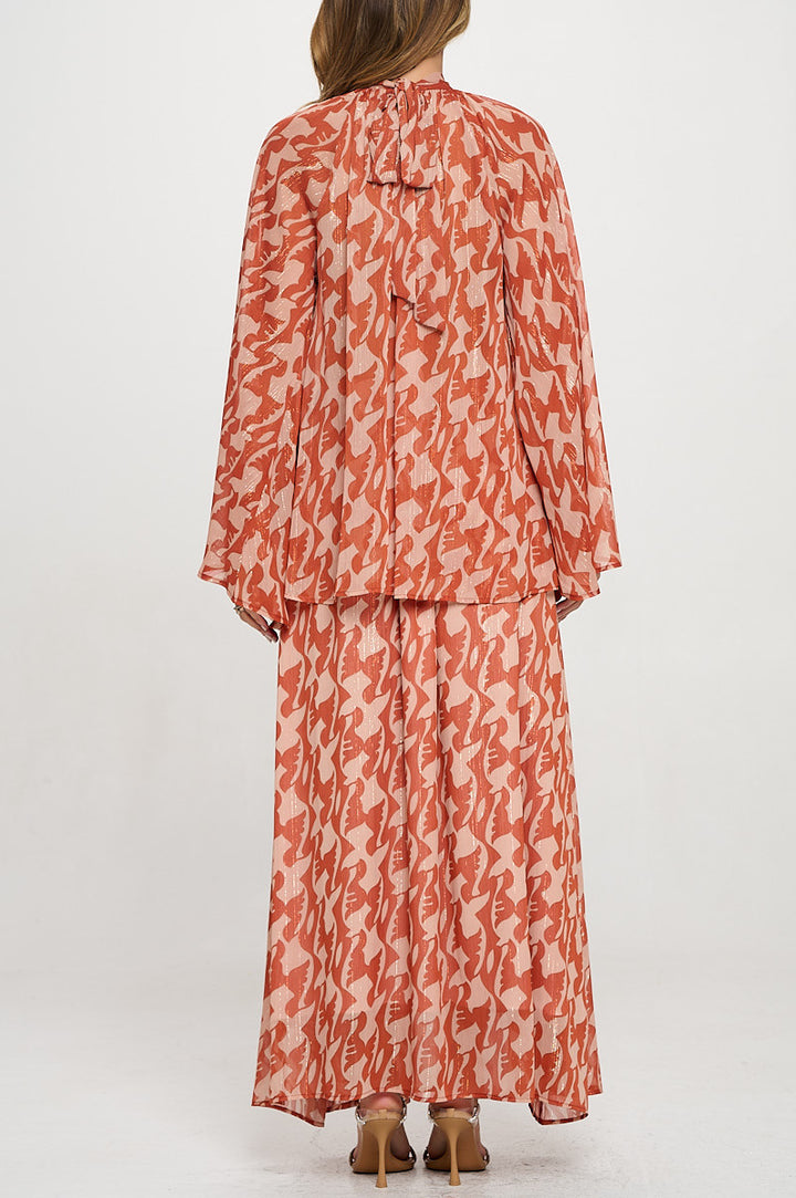 Print Sheer Long Bell Sleeve Top with Back Tie Detail-3