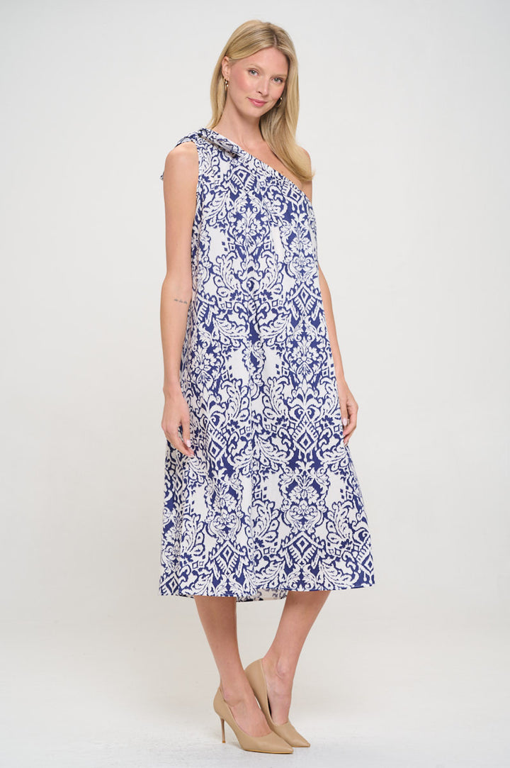Cotton One Shoulder Midi Dress with Tie-3