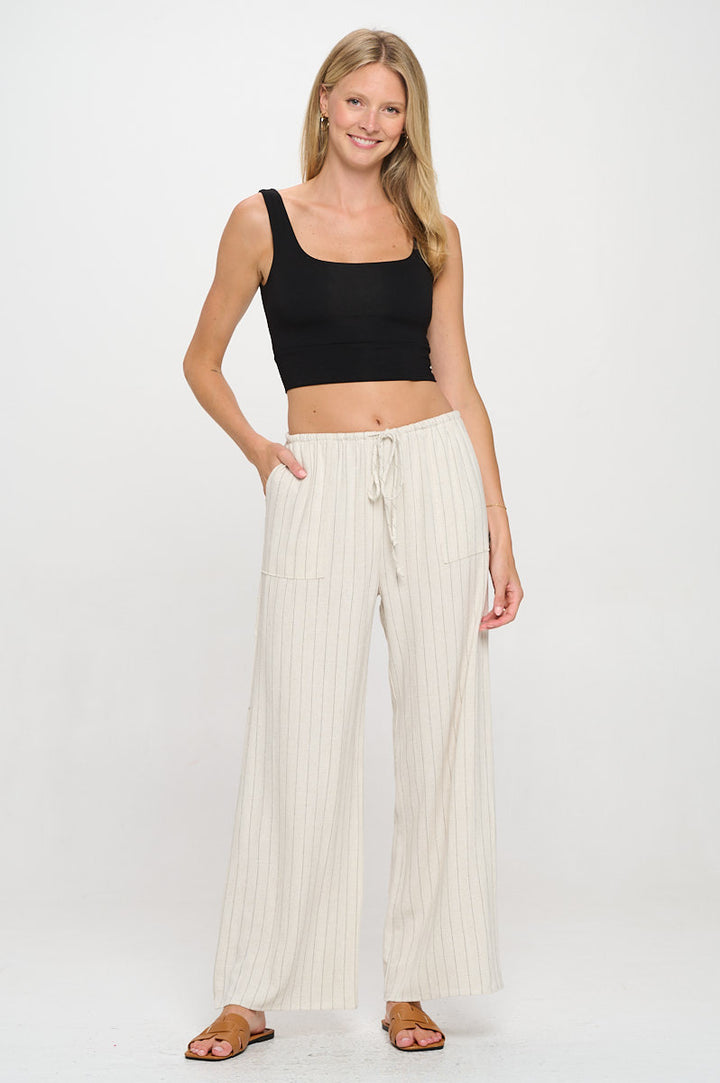 Linen Striped Adjustable Straight Leg Pants with Pockets-4