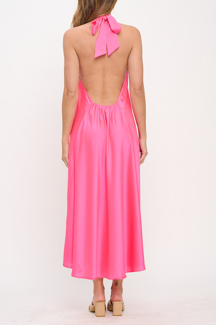 Solid Satin Halter neck Backless Midi Dress-3