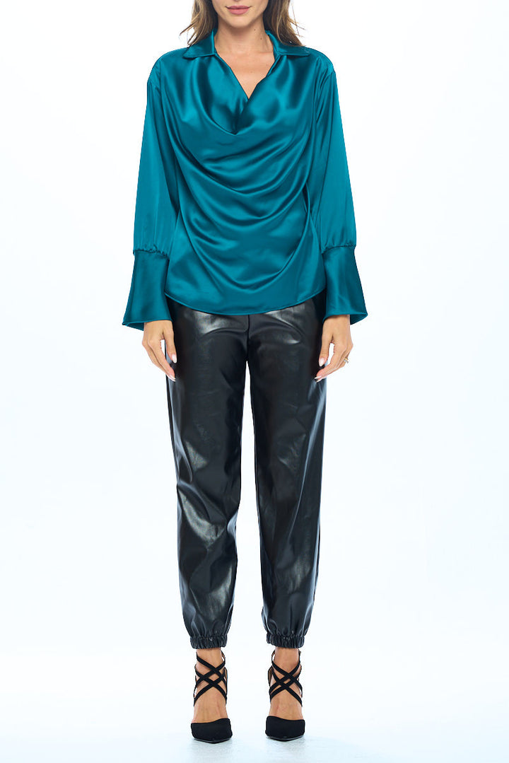 Satin Collared Cowl neck Top with Split Cuff-4