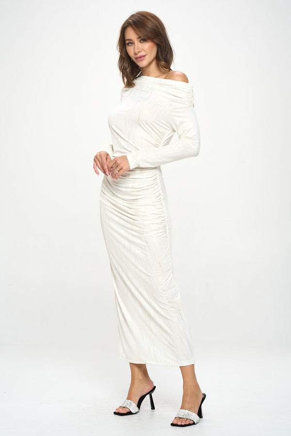 Off Shoulder Bodycon Midi Ruched Dress-0