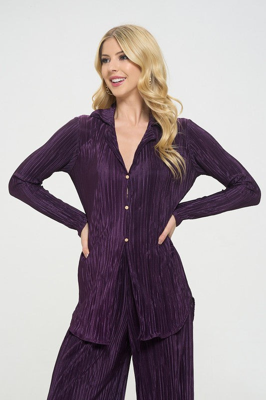 Plisse Solid Button Down Top with Collar-1