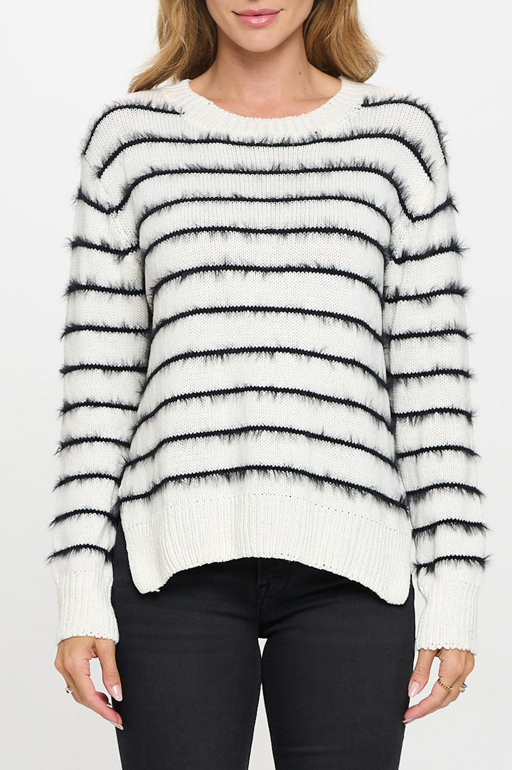 Striped Fuzzy Long Sleeve Pullover Crewneck with Side Slit-1