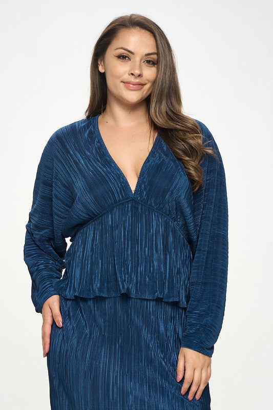 Plisse V neck Top with Balloon Dolman Sleeve-1