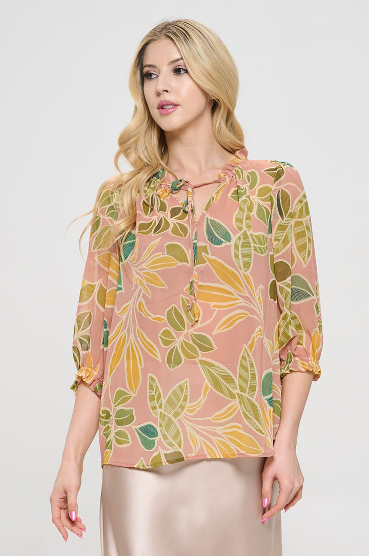 Semi Sheer Leaf Print 3/4 Sleeve Top with Tie-1