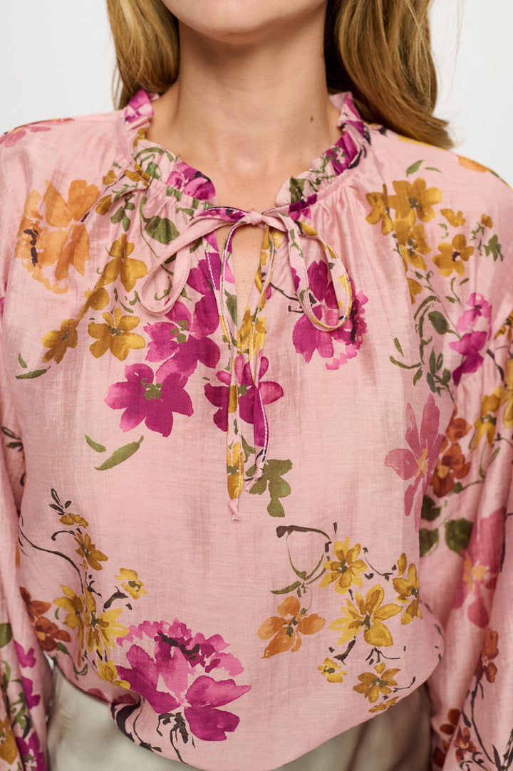 Floral Print V neck Top with Cuffed Sleeve-1