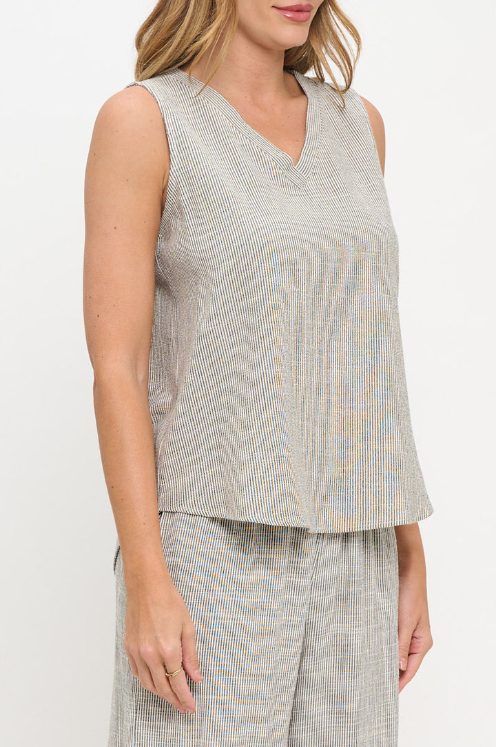 Linen Striped V neck Sleeveless Top-2