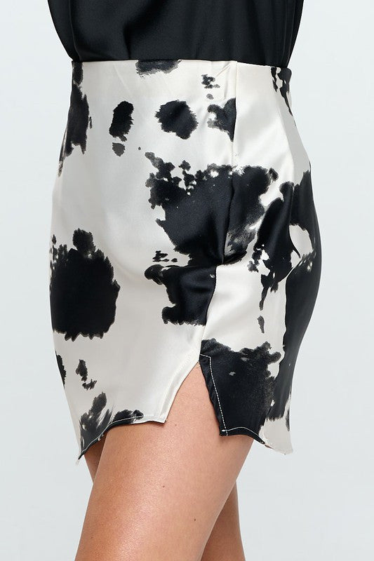 Cow Print Satin Mini Skirt with Slit-1