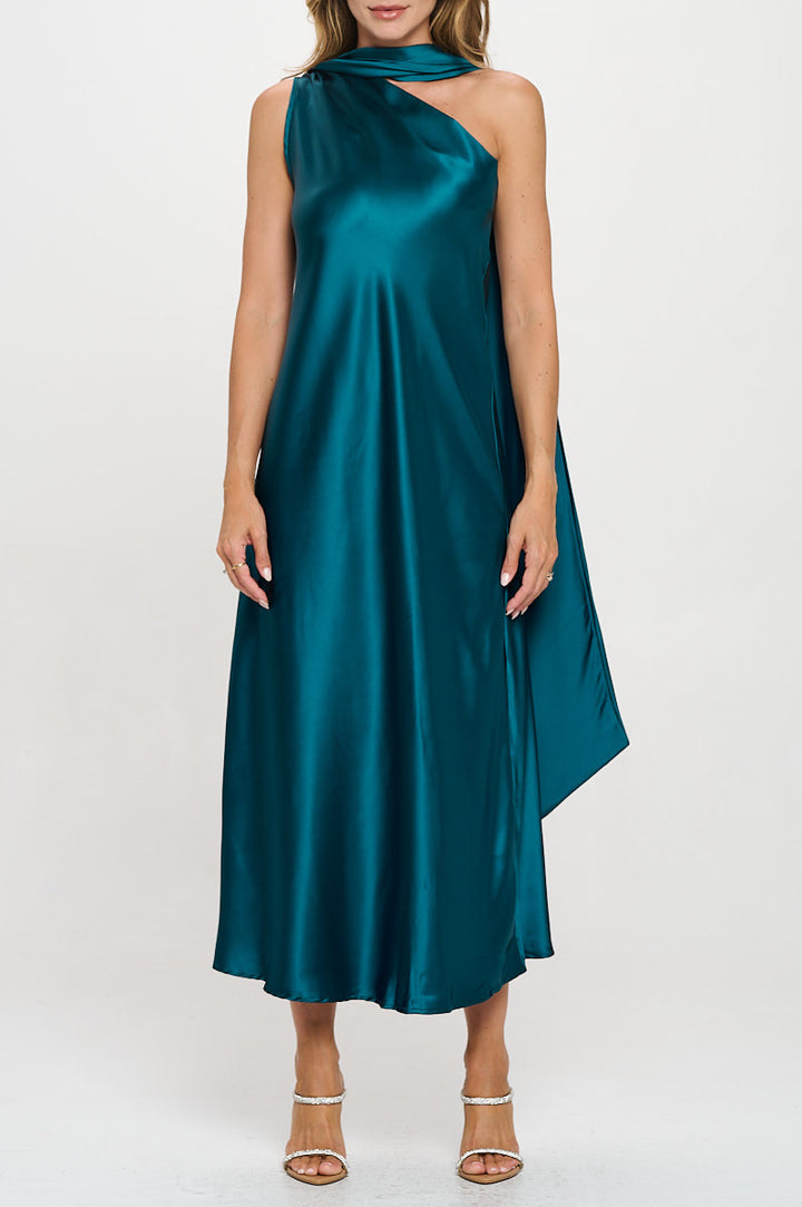 One Shoulder Satin Maxi Dress with Scarf Detail-1