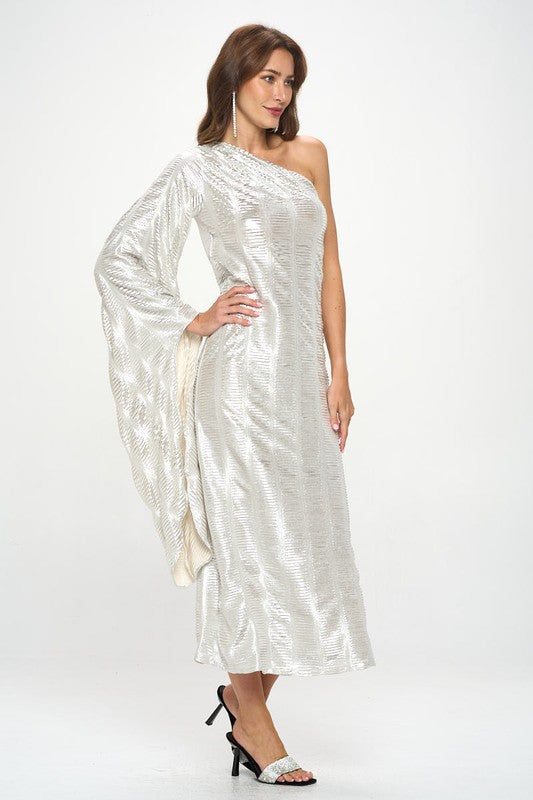 Metallic One Shoulder Bell Sleeve Maxi Dress-3