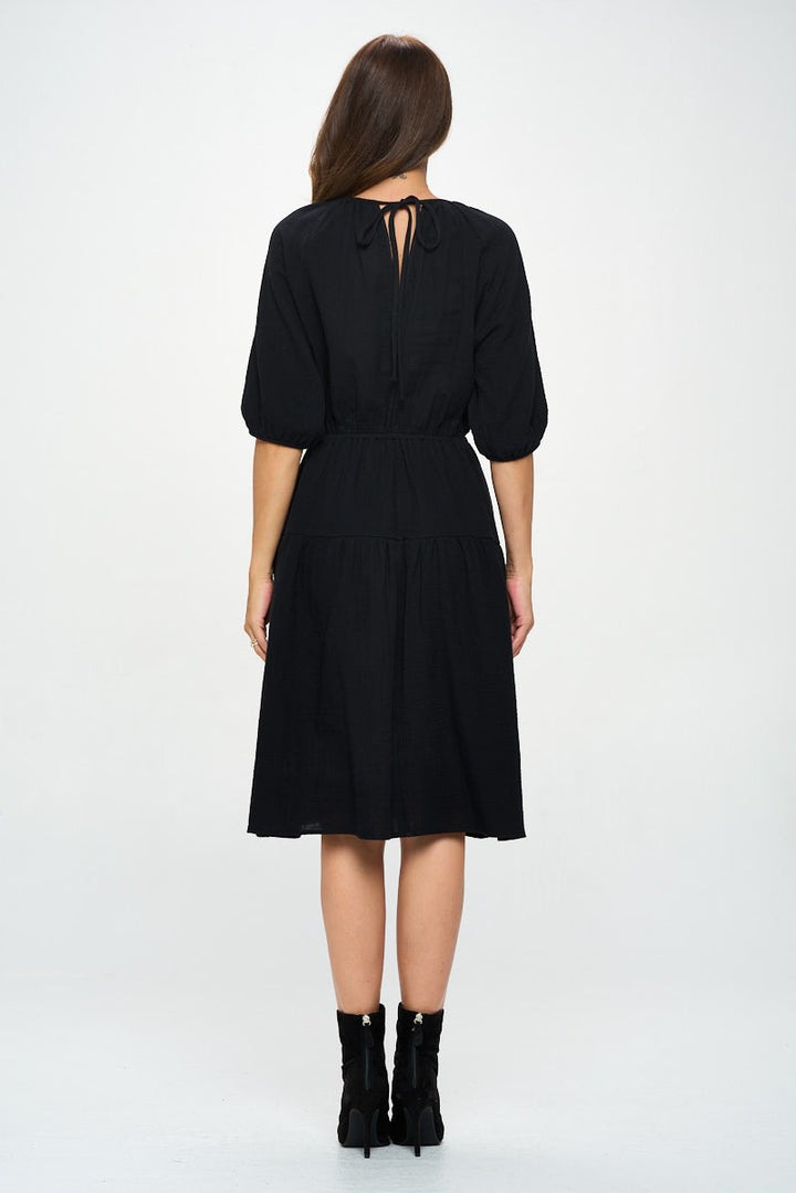 Cotton 3/4 Sleeve Tiered Midi Dress-4