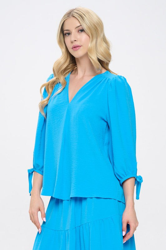 Solid V neck 3/4 Sleeve Top with Sleeve Tie-2