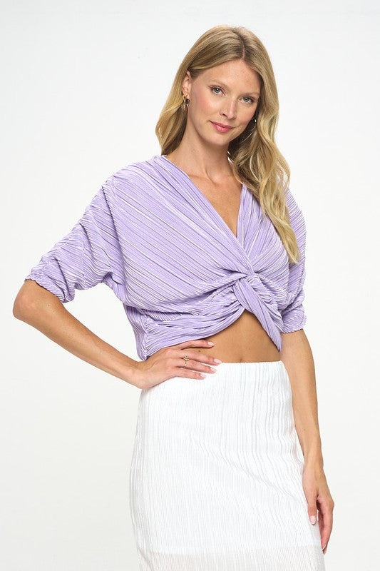 Plisse Mid Scrunched Sleeve Top with Front Twist-2