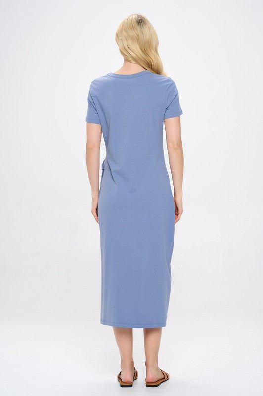 Solid Short Sleeve Bodycon Midi Dress with Front Tie and Slit-4