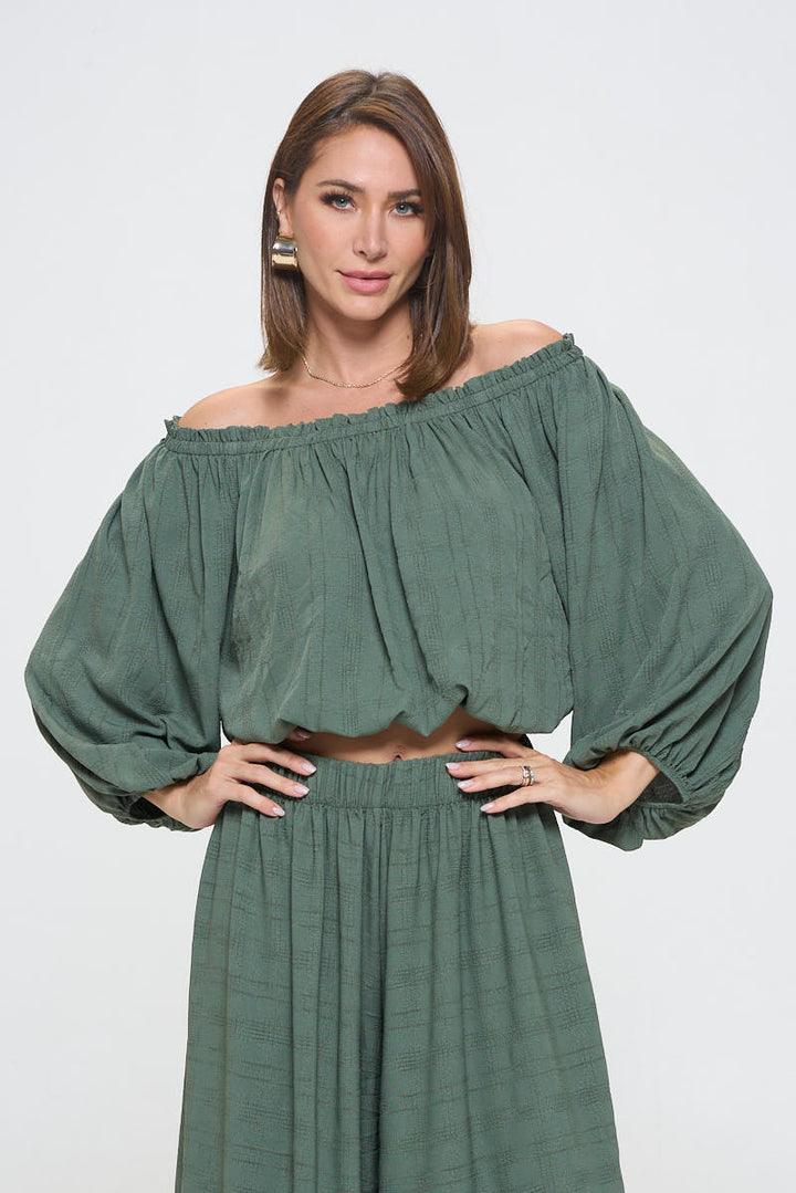 Textured Off the Shoulder Top with Balloon Sleeve-1
