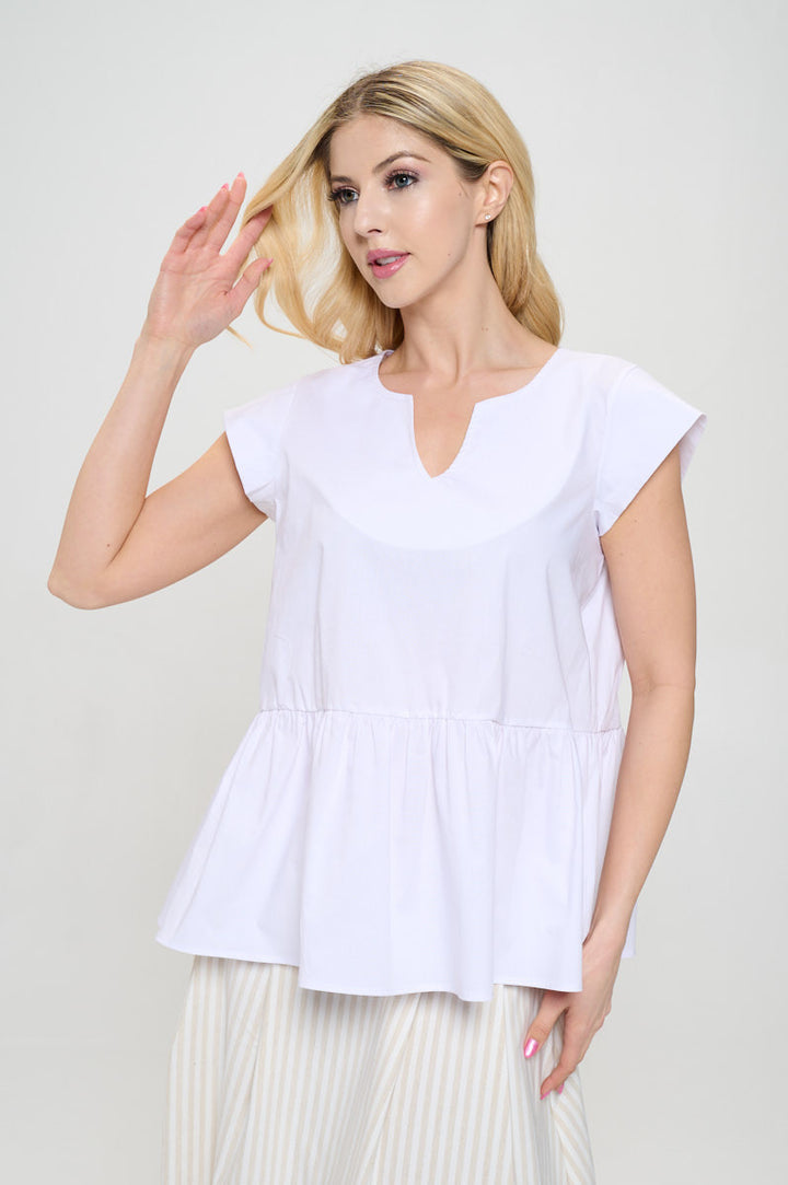 Cotton V neck Short Sleeve Top with Tiered Hem-1
