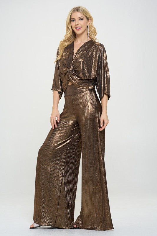 Metallic Print Short Sleeve Top with Front Twist-3