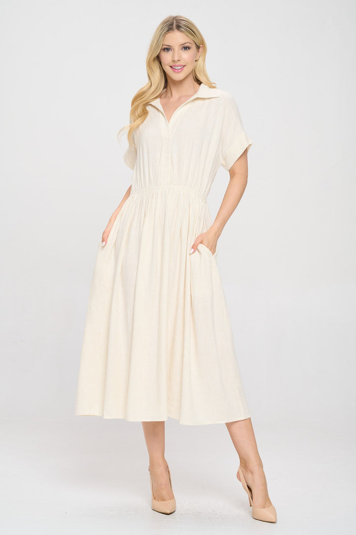 Linen Solid Collared V neck Dress with Pockets-1