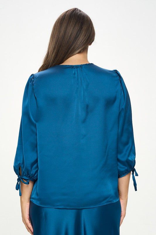 Stretch Satin Bold V neck Top with Tie Sleeve-3