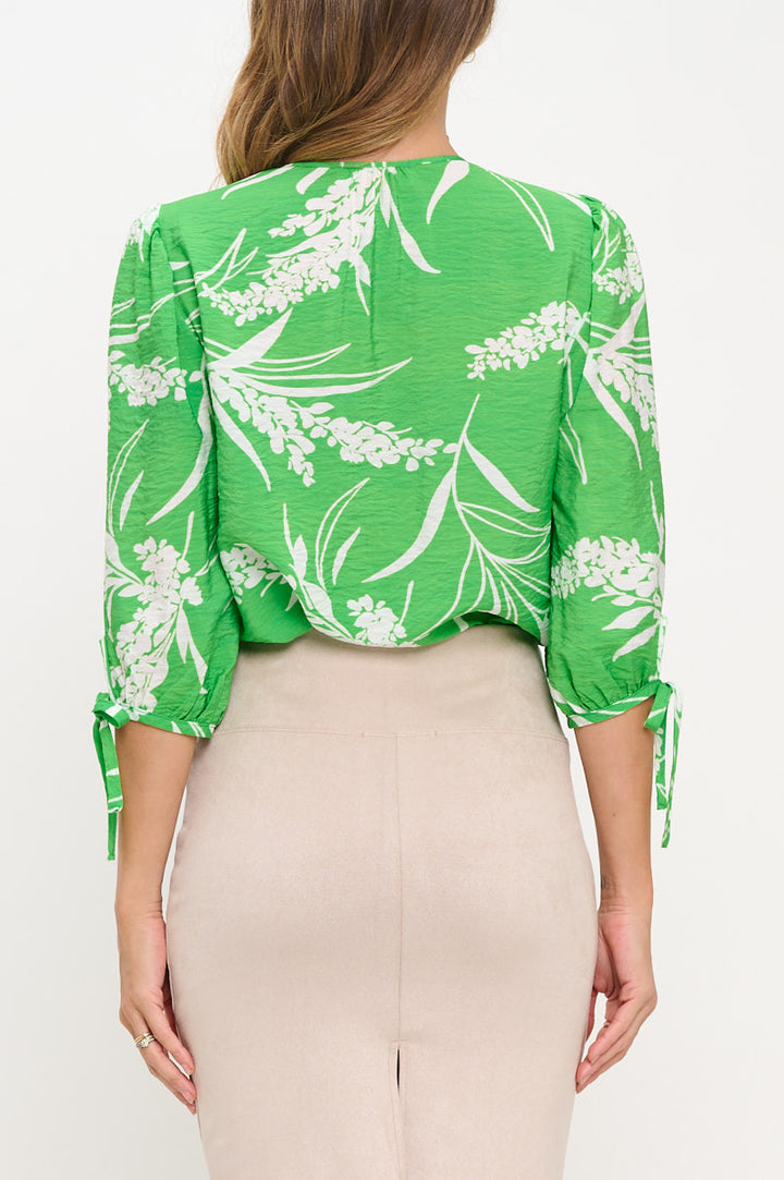 Floral Print V neck Top with Sleeve Tie-3