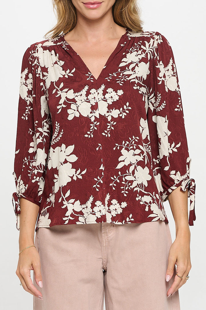 Floral Print V neck Top with Tie Sleeve-1
