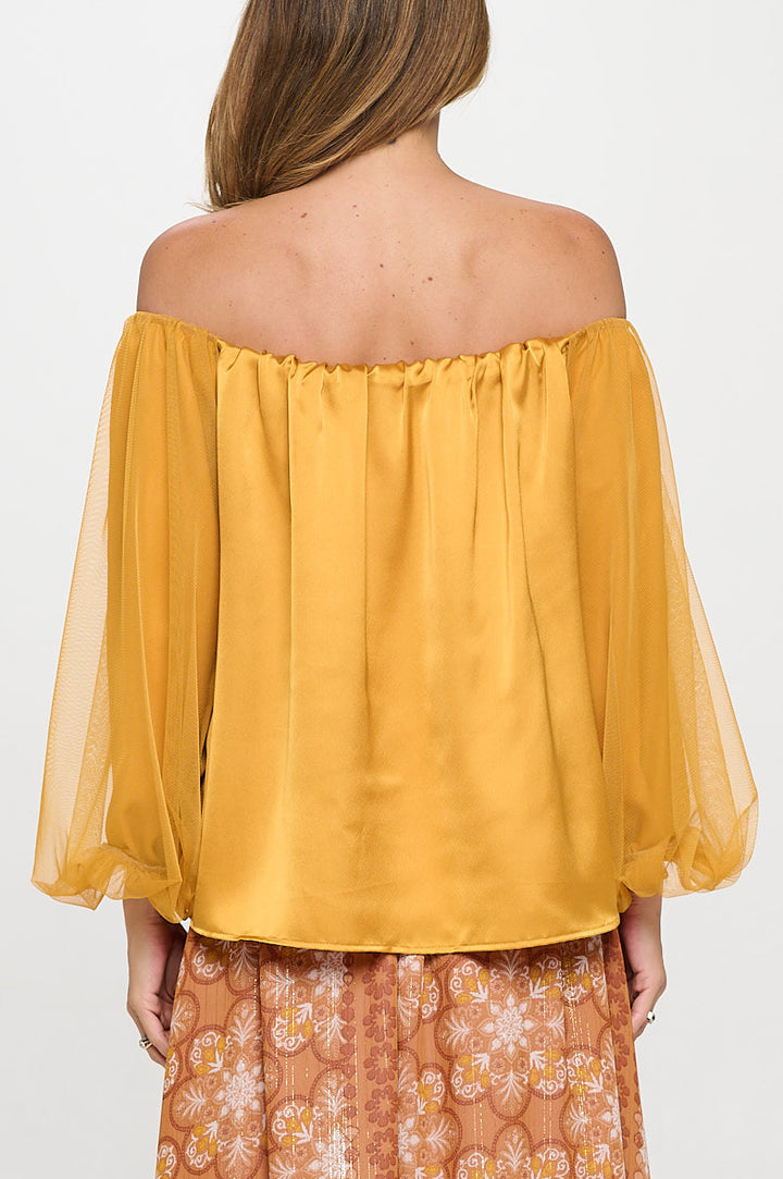 Solid Satin Front Versatile Top with Puff Sheer Sleeve-3