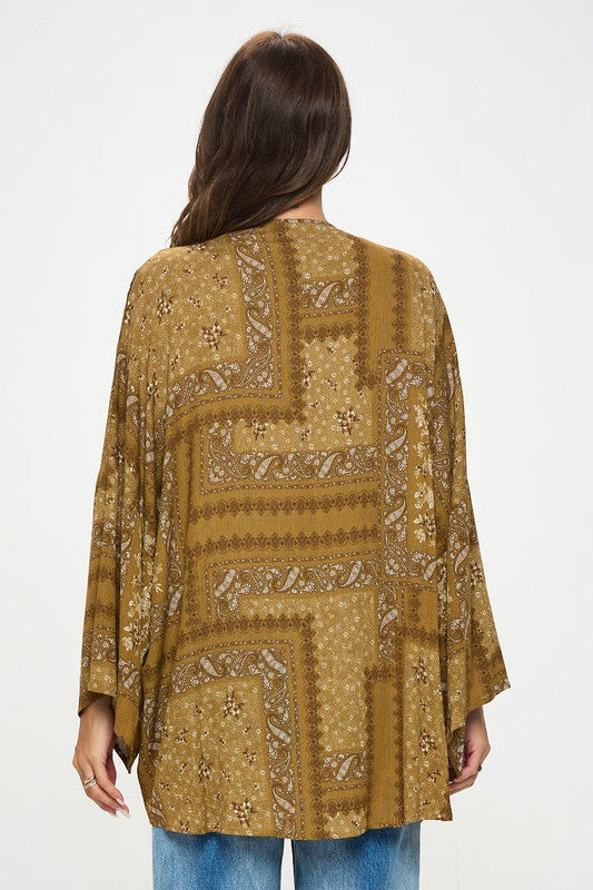 Boho Patch Print Open Front Kimono Cardigan-3