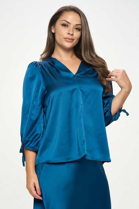 Stretch Satin Bold V neck Top with Tie Sleeve-2