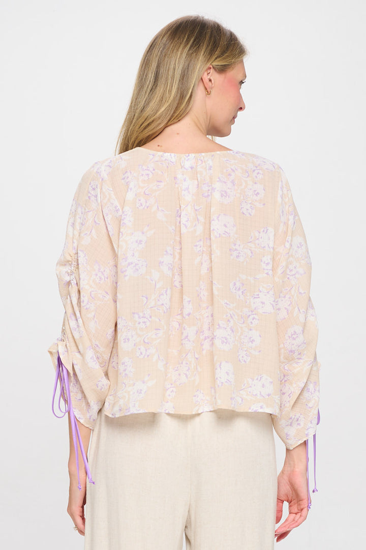 Floral Print Boat Neck Top with Adjustable Tie Sleeve-3