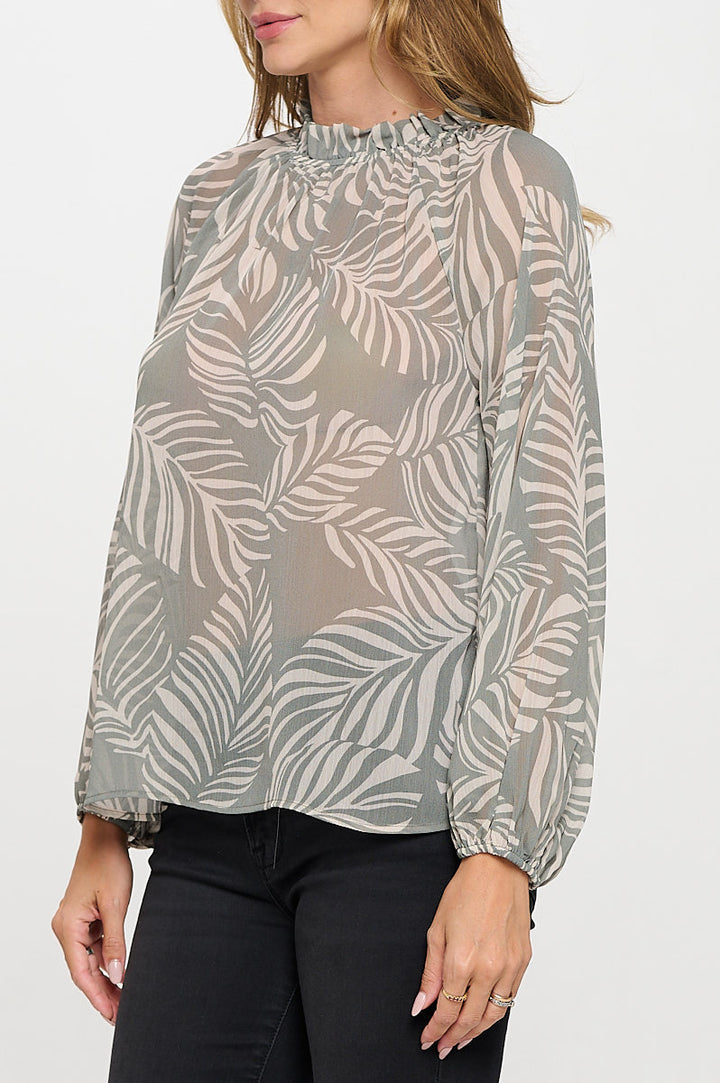 Print Sheer Ruffle Mock Neck Top-2