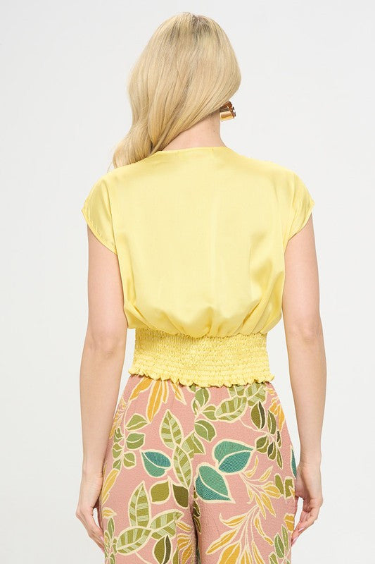Solid Satin V neck Crop Top with Smock Back Detail-3