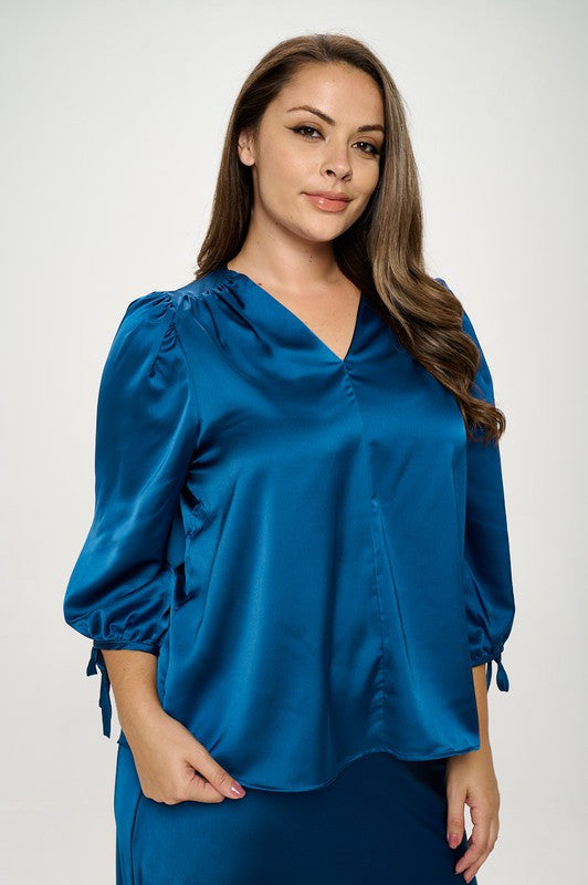 Stretch Satin Bold V neck Top with Tie Sleeve-1