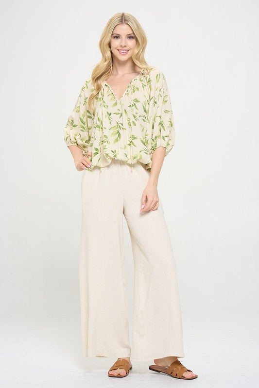 Floral Print V neck 3/4 Sleeve with Tie-4