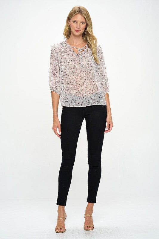 Floral Print Semi Sheer Top with Tie-4