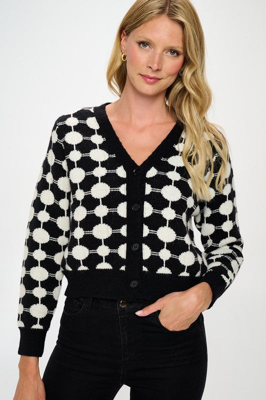 Print Knit Open Front Mini Cardigan with Buttons-0