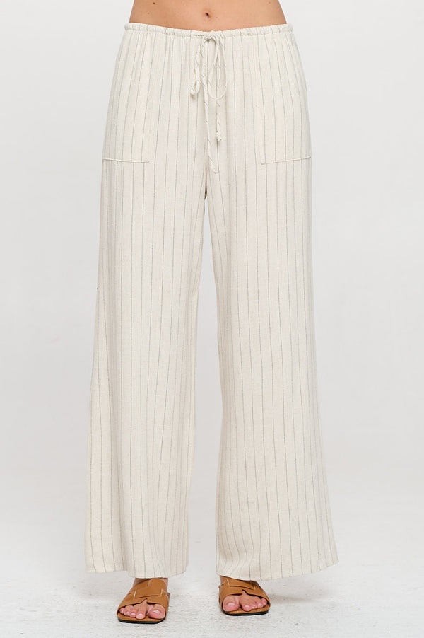 Linen Striped Adjustable Straight Leg Pants with Pockets-0