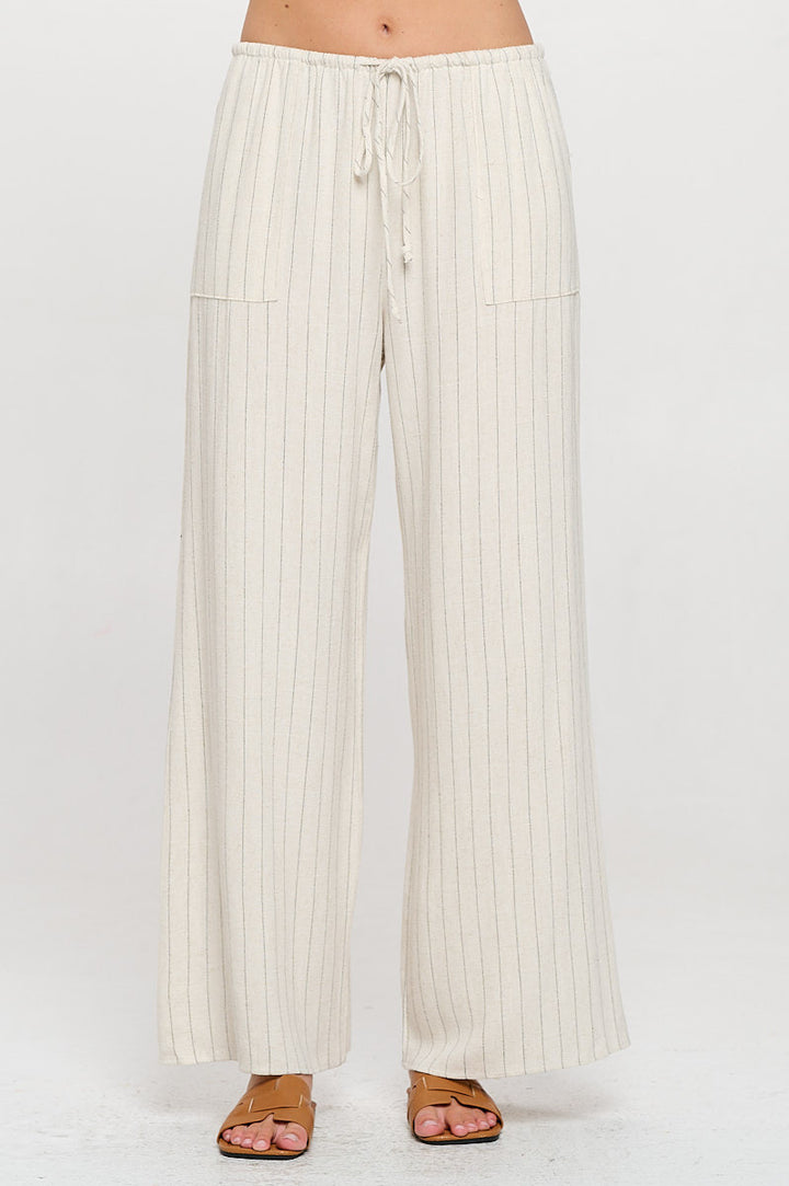Linen Striped Adjustable Straight Leg Pants with Pockets-0