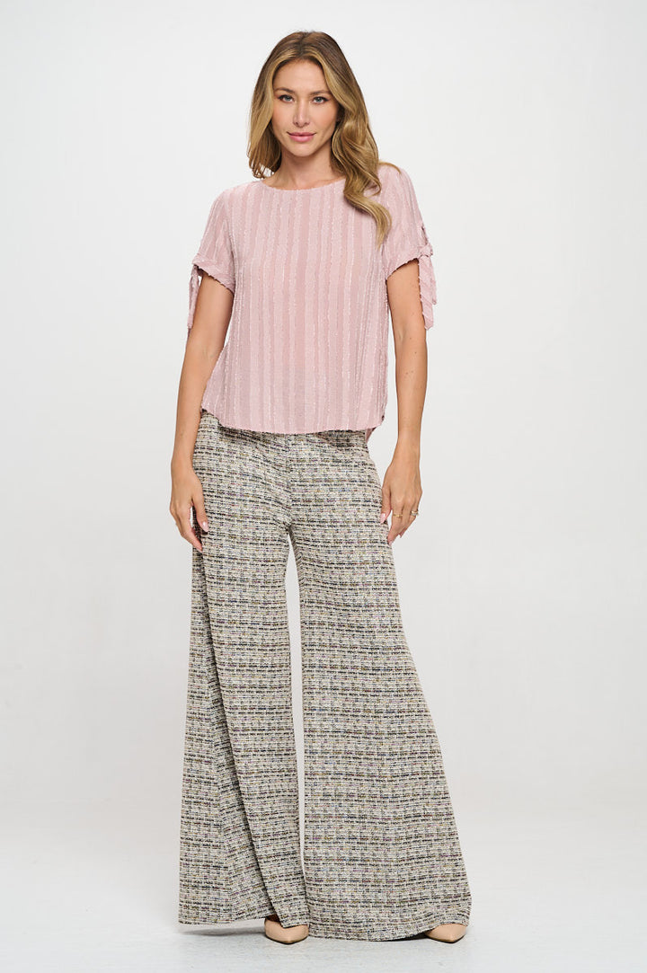 Textured Solid Short Sleeve Top with Tie Sleeve-4