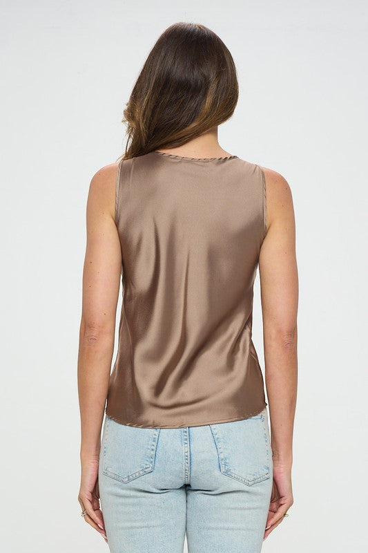 Stretch Satin V neck Sleeveless Top w/ Ruched Detail-3