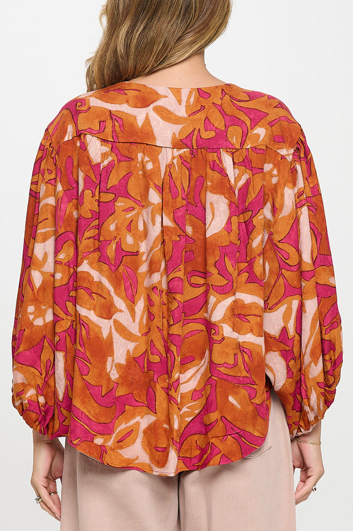 Floral Print V neck Top with Balloon Sleeve-3