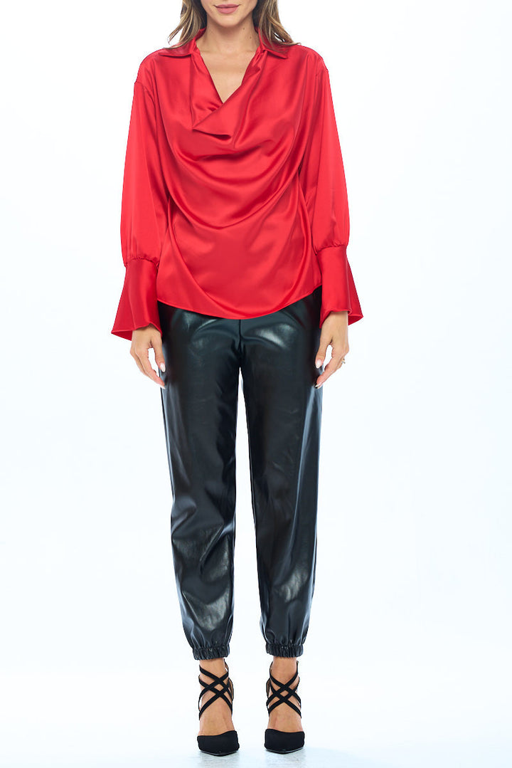 Satin Collared Cowl neck Top with Split Cuff-4