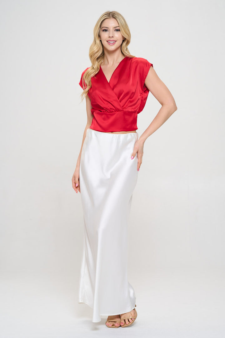 Solid Satin V neck Crop Top w Smock Back Detail-4