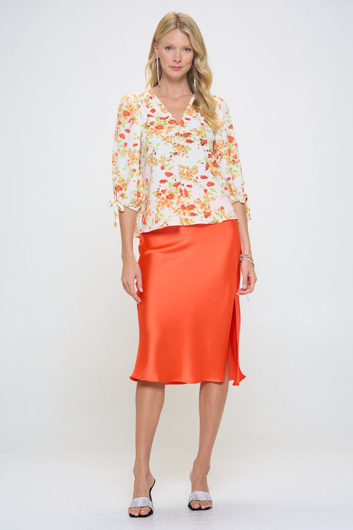 Flower Print V neck Top with Self Tie Sleeves-4