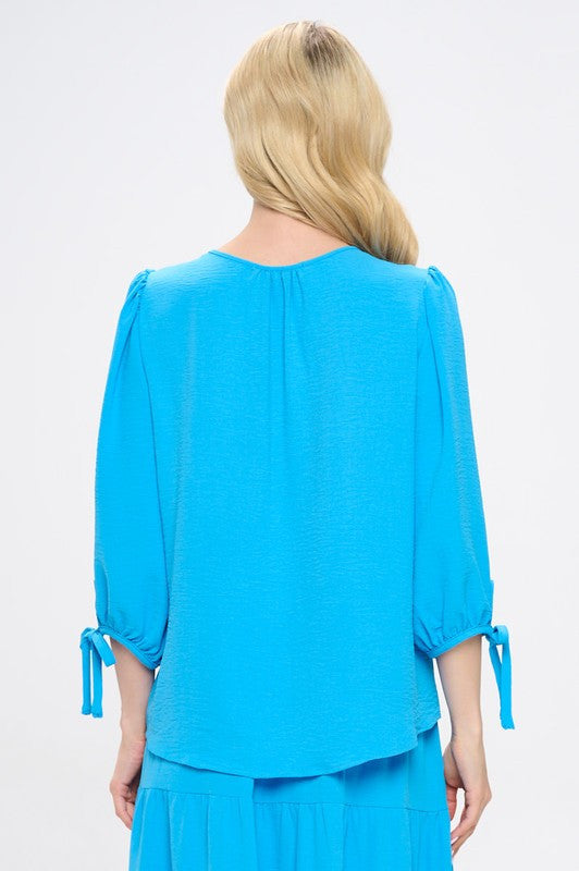 Solid V neck 3/4 Sleeve Top with Sleeve Tie-3