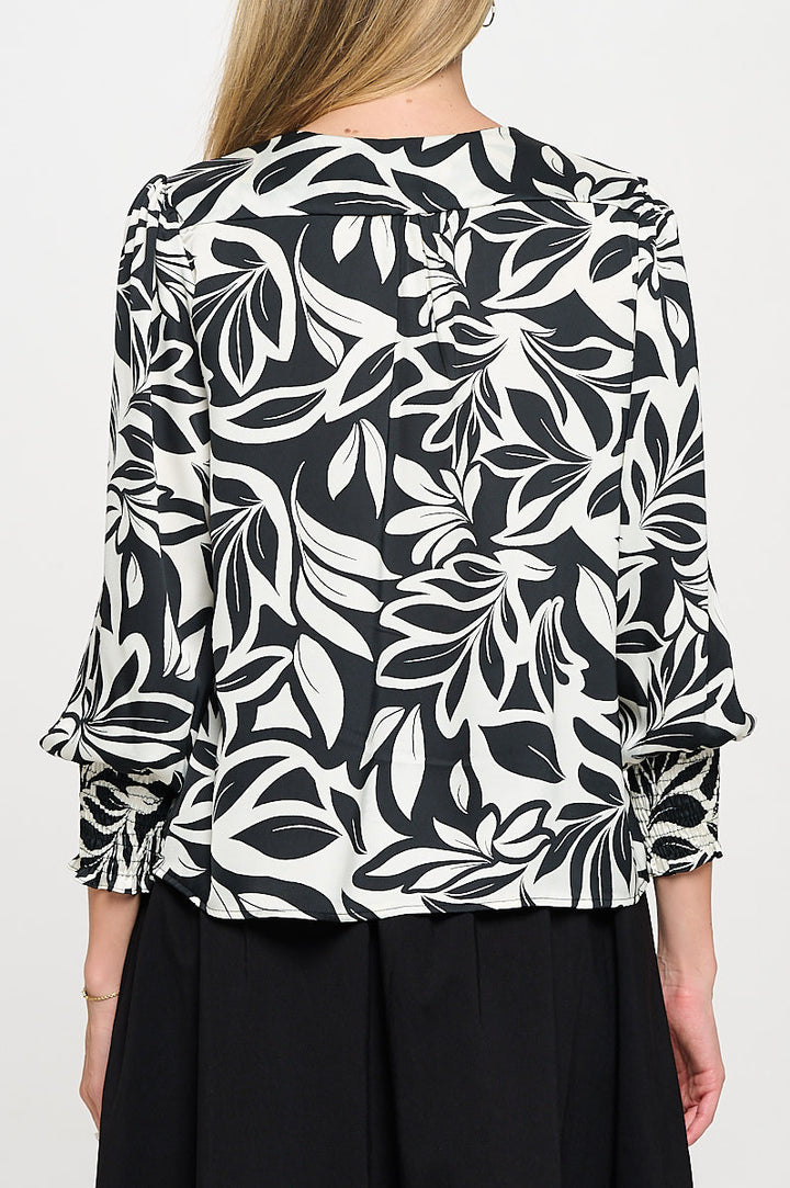 Satin Print V neck Top with Smock Cuffed Sleeve-3