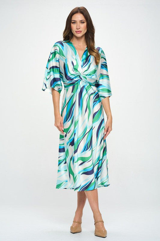 Satin Stretch Print Dress with Front Twist-3