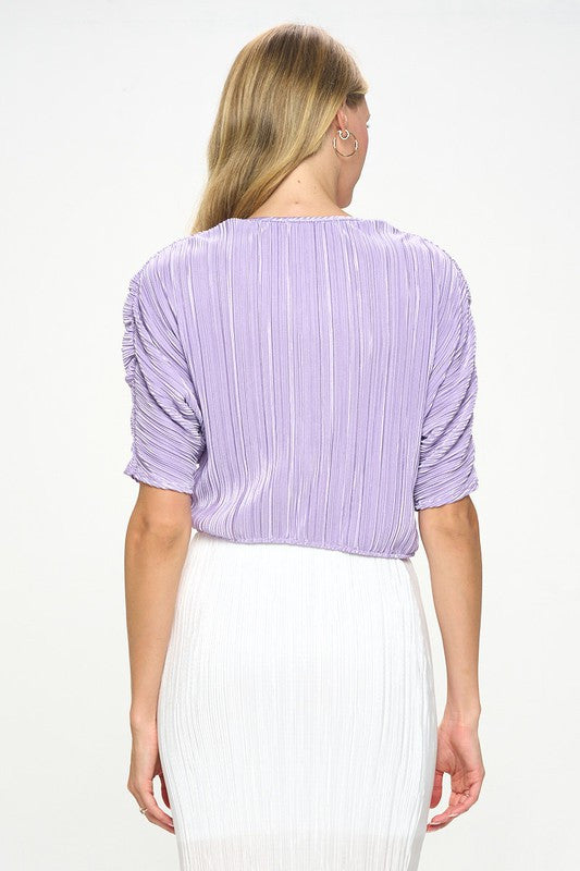 Plisse Mid Scrunched Sleeve Top with Front Twist-3