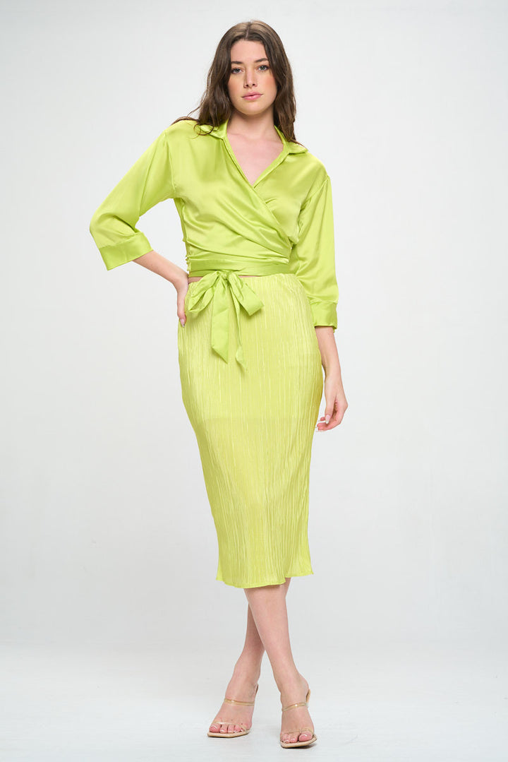 Silky Satin Collared V neck Wrap Top with Tie-4